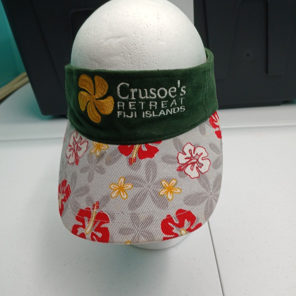Crusoe's Retreat Fiji Islands Visor OS Green Red Hibiscus Tropical Souvenir Hat